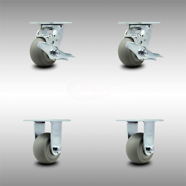 4 Inch SS Thermoplastic Rubber Caster Set with Ball Bearings 2 Brake 2 Rigid SCC